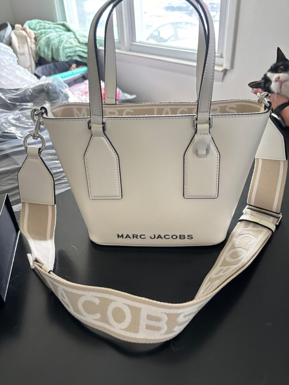 Marc Jacobs Cream-White Leather Satchel with Logo Strap